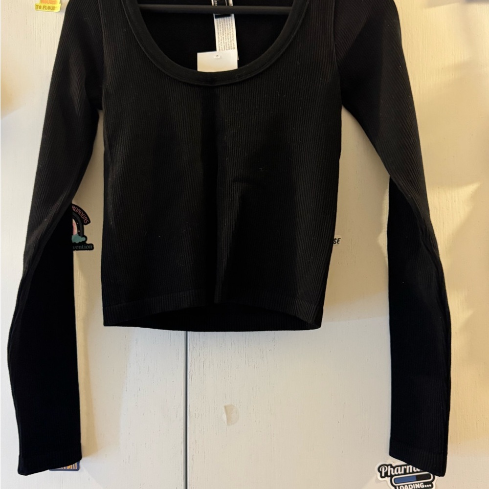 Forever 21 Black Long Sleeve Fitted Crop Bodysuit